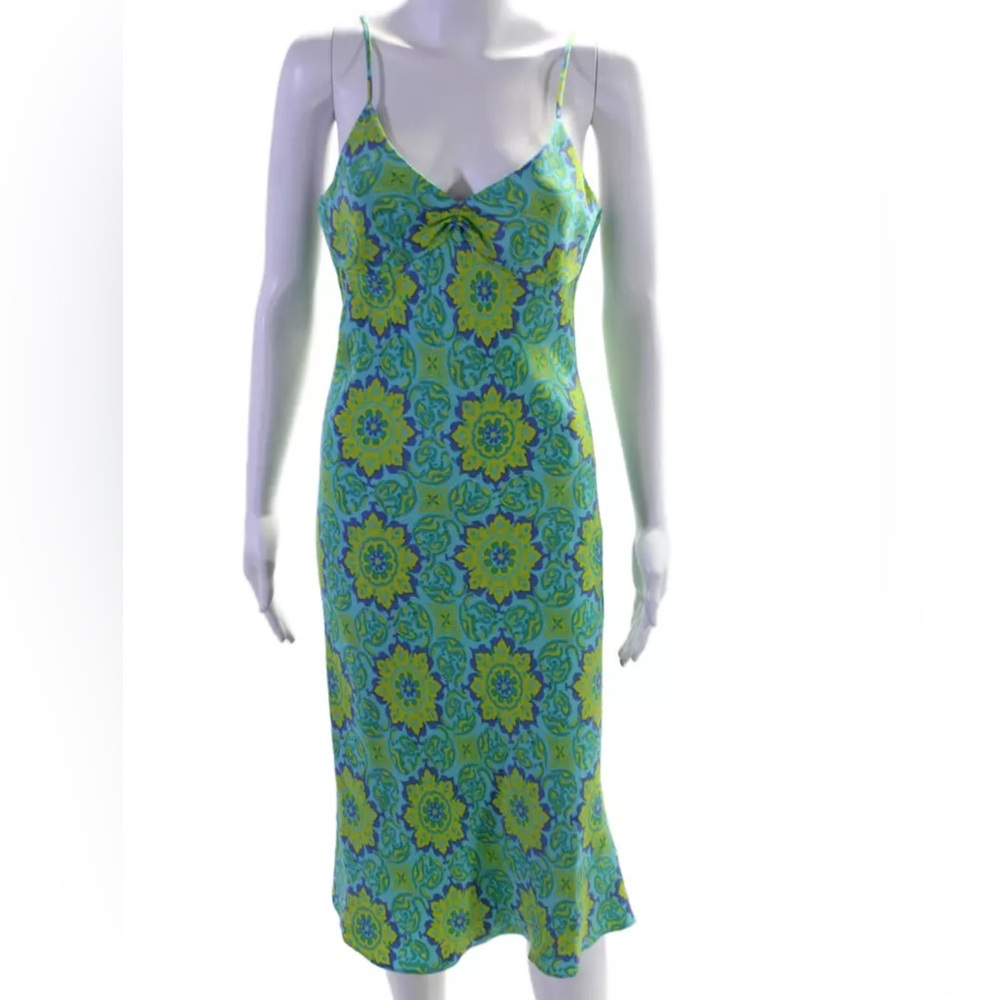 Tibi Y2K rare Silk Blue green Printed V-Neck Sleeveless Shift slip midi Dress
